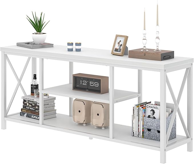 EXCEFUR 55 inch TV Stand for TV up to 65 inch, Modern Media TV Console with Storage Shelves, Entertainment Center for Living Room, Bedroom, White Oak