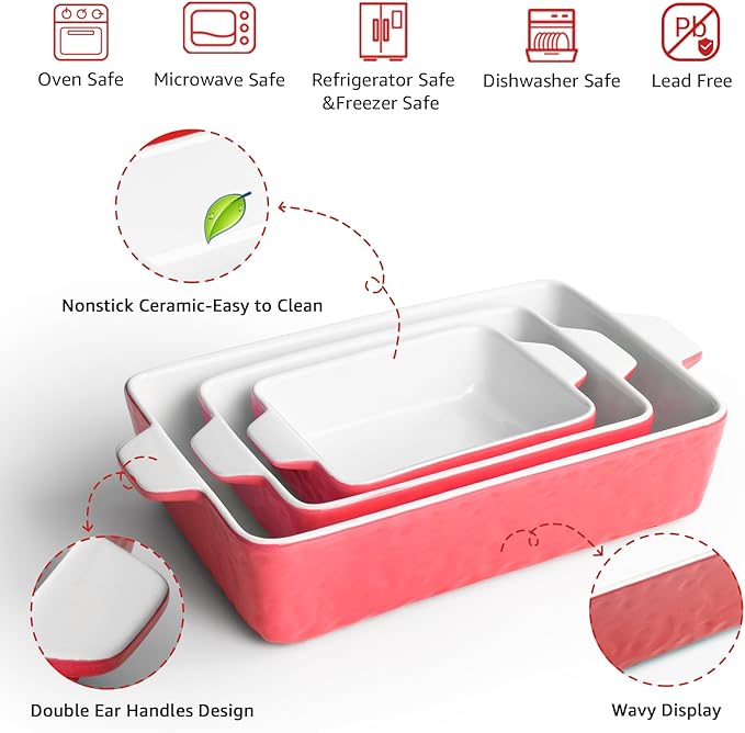 Casserole Dishes for Oven, Ceramic Baking Dishes, Lasagna Pan with Handles, Porcelain Baking Pan Deep, Bakeware for Baking, Cooking, Wedding Gift, Set of 3 (11.6" x 7.8", Red)