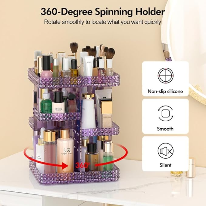 Makeup Perfume Organizer - 360 Rotating Acrylic Cosmetic Storage Make Up Organizer with Lazy Susan for Vanity & Dresser Countertop (Purple)