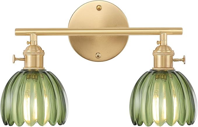 Bathroom Light Fixtures, 2-Light Brass Vanity Wall Light Over Mirror with Green Tulip Glass Shade for Bedroom Living Room