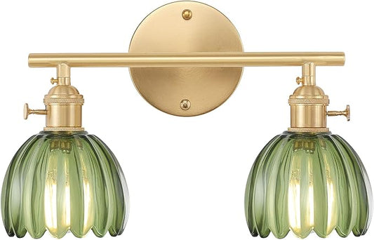 Bathroom Light Fixtures, 2-Light Brass Vanity Wall Light Over Mirror with Green Tulip Glass Shade for Bedroom Living Room
