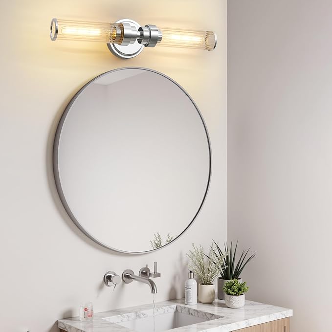 Bathroom Light Fixtures, Chrome Wall Sconce in Threaded Glass Indoor Vanity Lights, Modern Bathroom Vanity Light Up and Down Sconces Wall Lighting for Bathroom, Living Room - Bulb Not Included