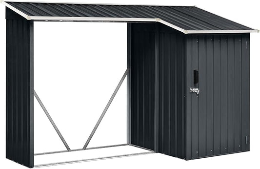 Hanover Outdoor 2 in 1 Multipurpose Sloped Roof Shed with 9 Square Feet Lockable Single Door Tool Storage and 42 Cubic Feet Raised Firewood Rack Made of Weather Resistant Galvanized Steel in Dark Gray