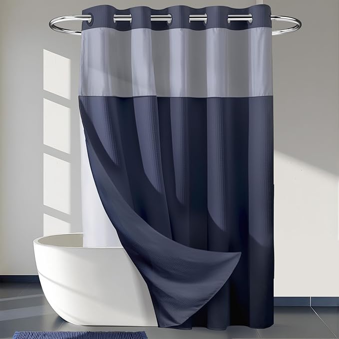 River Dream Heavyweight Navy Blue No Hooks Required Dotted Waffle Weave Shower Curtain with Snap in Liner - 71W x 74H,Hotel Grade,Spa Like Bath Curtain