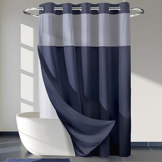 River Dream Heavyweight Navy Blue No Hooks Required Dotted Waffle Weave Shower Curtain with Snap in Liner - 71W x 74H,Hotel Grade,Spa Like Bath Curtain