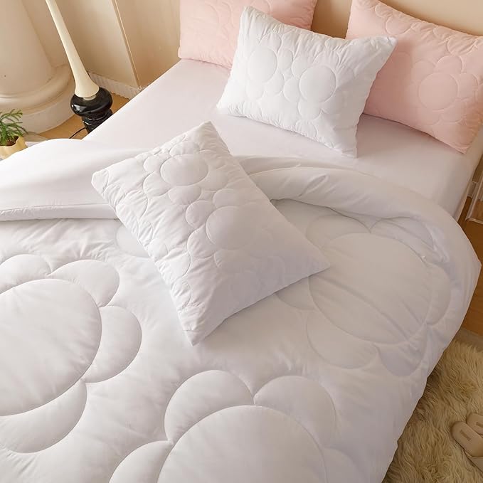 CLOTHKNOW White Full Size Comforter Sets Daisy Puff Pattern Bedding Comforter Sets Soft Floral Boho Comforter White Comforter with 2 x Pillow Cases