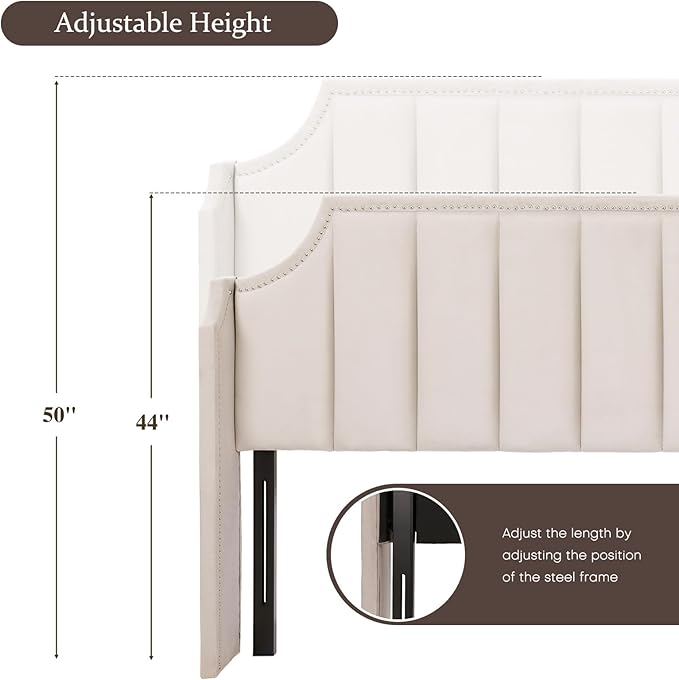 Lucky Monet Luxurious Headboard Only Queen Size with Wingback, Velvet Upholstered Tufted Headboard with Nailhead Decor for Bed, Adjustable Height Curved Head Board Vertical Channel Design (Beige)