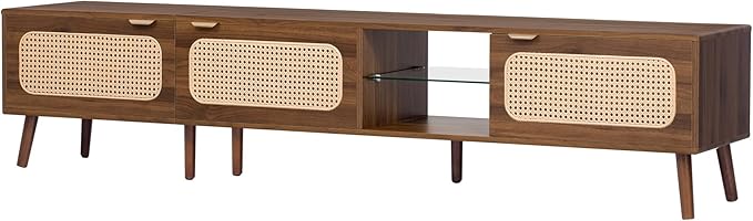 Marzzi Boho TV Stand for 85 Inch TV, 78" Entertainment Center with 3 Rattan Doors, Open Space with Glass Shelf, Walnut Media Console Cabinet for Living Room, Solid Wood Legs