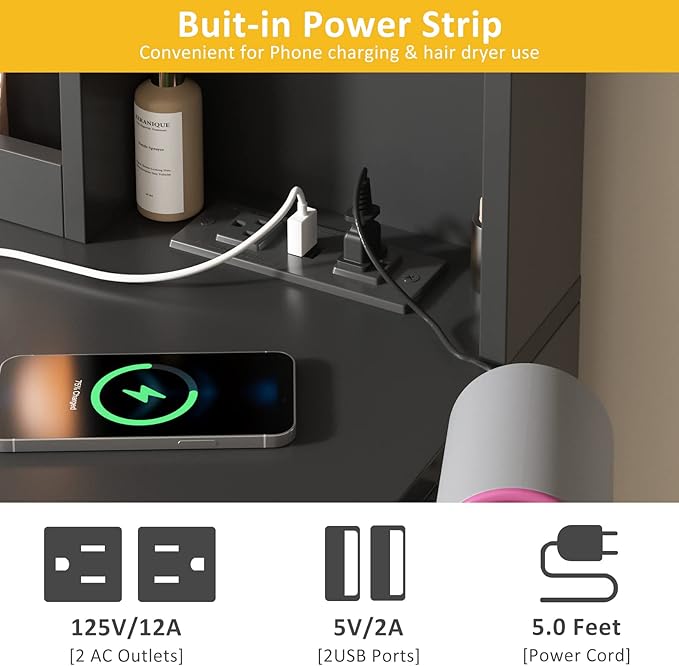 Vabches Makeup Vanity Table with Lighted Mirror & Power Strip, Large Vanity Set Vanity Desk with Lots Storage, 3 Lighting Modes, Brightness Adjustable, 45.2in(Large, Black)