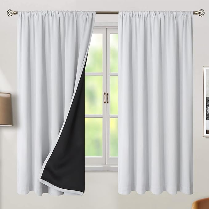 BGment Greyish White 100% Blackout Curtains 63 Inches Long with Noise-reducing Liner, Rod Pocket and Back Tab Double Layer Room Darkening Window Curtains for Bedroom, 2 Panels, Each 52 x 63 Inch