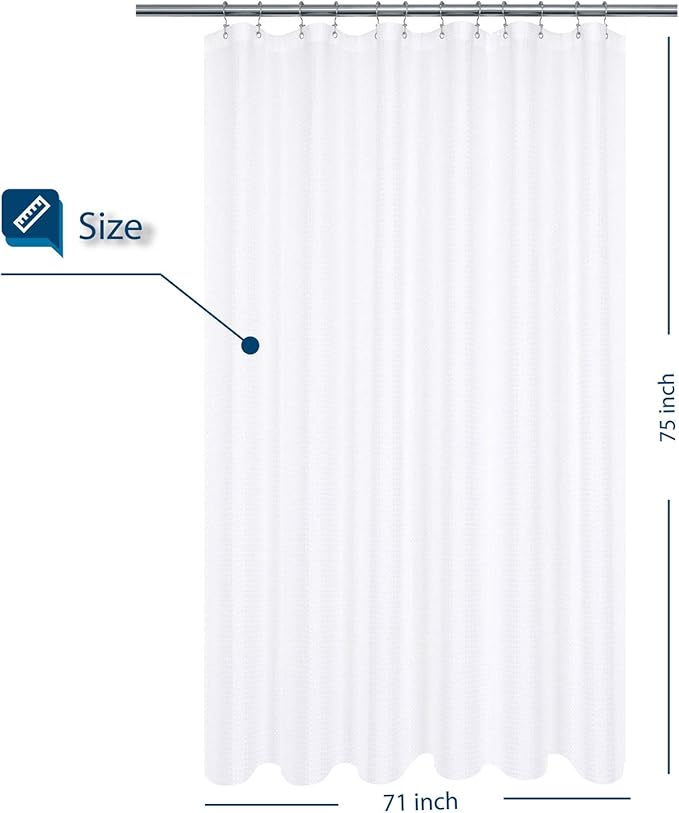 Longer Shower Curtain with 75 inch Height Fabric, Waffle Weave, Hotel Luxury Spa, Water Repellent, 230 GSM Heavy Duty, Machine Washable, White Pique Pattern Decorative Bathroom Curtain