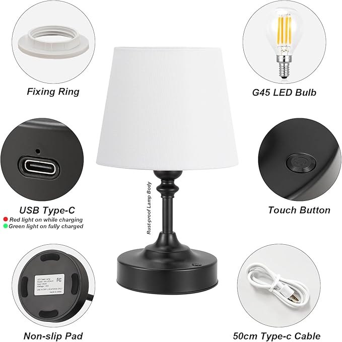 Kakanuo Mini Cordless Table Lamp Black - 1 Pack 4000mAH Battery Operated Lamp for Decor, 3000K Stepless Dimming Touch Control Rechargeable Lamp for Bedroom, Dining Table, Counter, Living Room