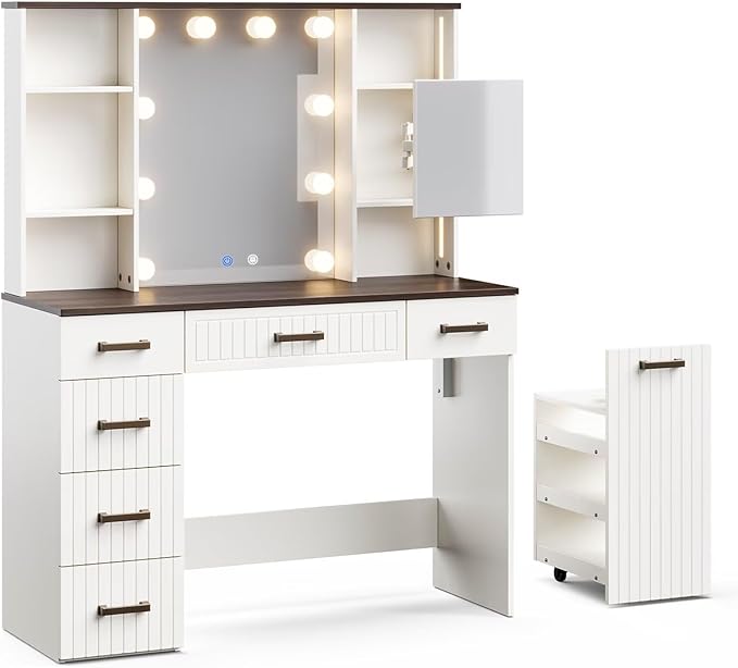 Makeup Vanity Desk with Adjustable Mirror & Rolling Cart, White Vanity Table with LED Light Bulbs, 3 Lighting Modes, Power Strip, Ambient Light & 6 Storage Drawers