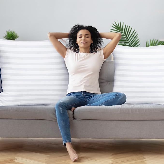 Pillows Insert 28'' x 28'' Set of 2, Decorative Euro Throw Pillows with Luxury Silky Covers for Indoor Couch, Sofa or Bed Decors, White Striped Cushion Sham Stuffer