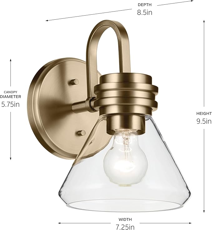 Kichler Farum 7.25" 1-Light Wall Sconce with Clear Glass in Champagne Bronze, for Fireplace, Kitchen, Bedroom, Hallway, or Vanity, (7.25" W x 9.5" H) 55153CPZCLR