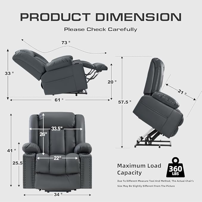 Large Power Lift Chair Recliner for Elderly with Heated and Massage, Overstuffed Adjustable Lift Chair, 3 Position, Breathable Leather, USB-A&USB-C, Cup Holder (Small-7523, Grey)