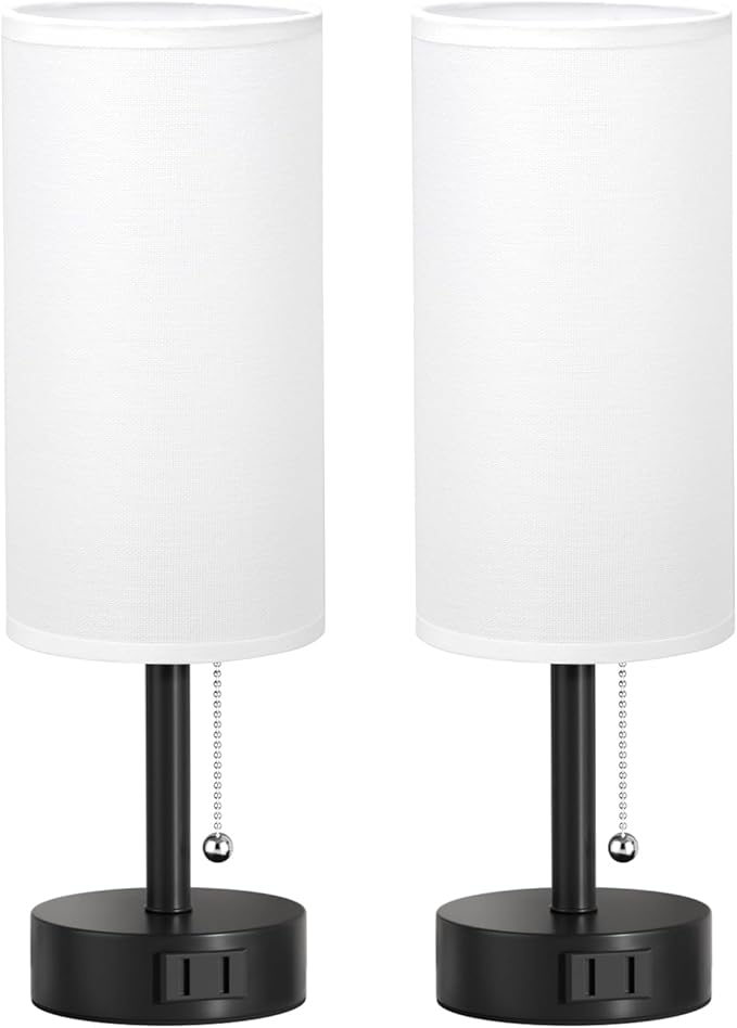 White Bedside Table Lamps Set of 2-3 Color Temperatures Pull Chain Lamp with AC Outlet Charging Port, Round Night Stand Lamps for Bedroom Office, Small Bed Side Light with E26 LED Bulbs