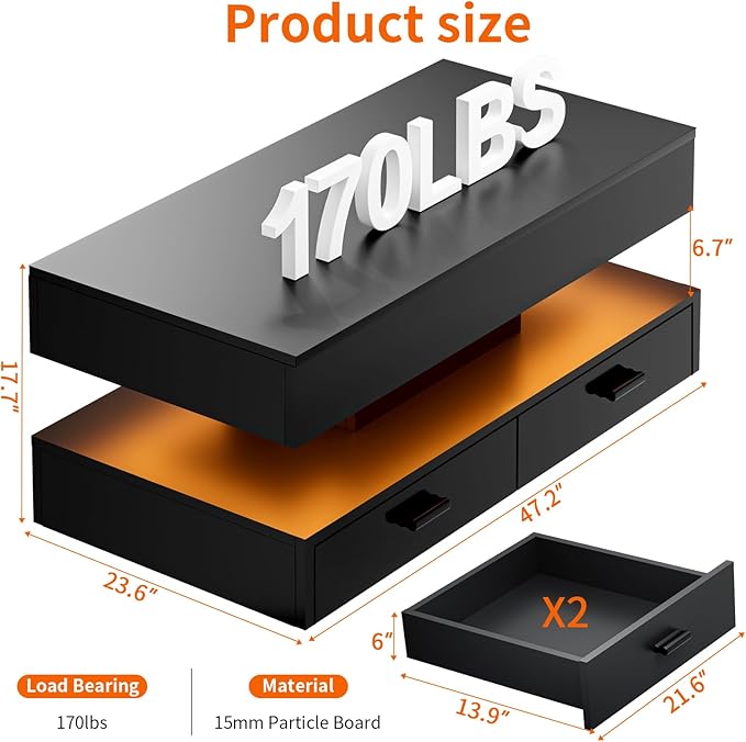 LED Coffee Table for Living Room,47.2" Large Living Room Table 2-Tier High Glossy Coffee Table with Storage,Rectangular Wooden Tea Tables for Home Office,Black