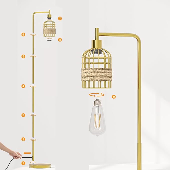 Oneach 66" Gold Floor Lamp for Living Room, Industrial Floor Lamp with LED Buld, Rattan Shade, Foot Switch, Minimalist Farmhouse Tall Standing Lamp for Bedroom, Office, Study Room