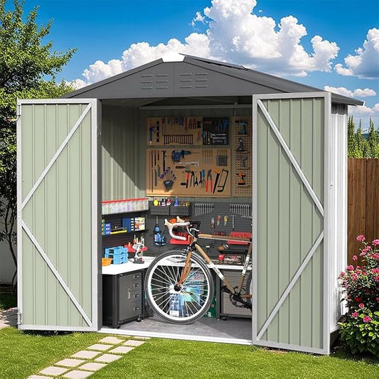 Greesum 6×4FT Outdoor Storage Shed, Metal Patio Storaged Sheds with Lockable Doors, Sheds & Outdoor Storage for Bike, Backyard, Pool and Garden, White