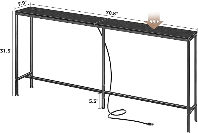 SUPERJARE 70 Inch Console Table with Outlet, Sofa Table with Charging Station, Narrow Entryway Table, Skinny Hallway Table, Behind Couch Table, for Living Room, Black