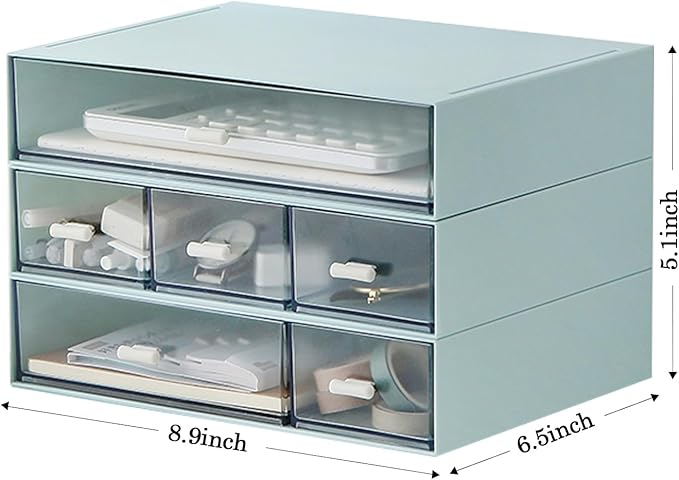 Plastic Storage Drawer, 6 Drawers Desk Organizer, Makeup Organizer, Blue (6.5" L x 8.9" W x 5.1" H)