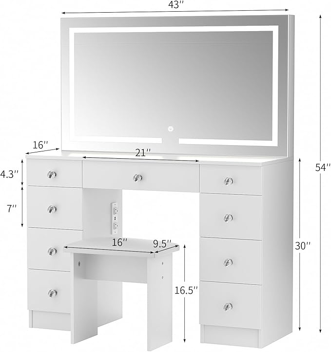 VOWNER Vanity With Lighted Mirror - Makeup Desk With Power Outlet and 9 Drawers, 3 Color Lighting Modes Adjustable Brightness, 43" Table With Soft Cushioned Stool for Bedroom, White