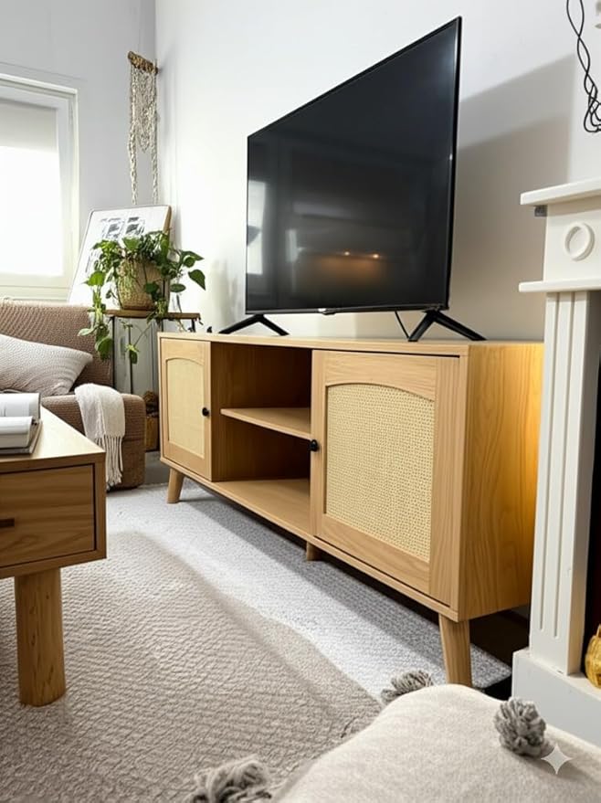 Mid Century Modern Rattan TV Stand for 60" TV - Boho Entertainment Center with 2 Natural Rattan Doors for Living Room, Oak