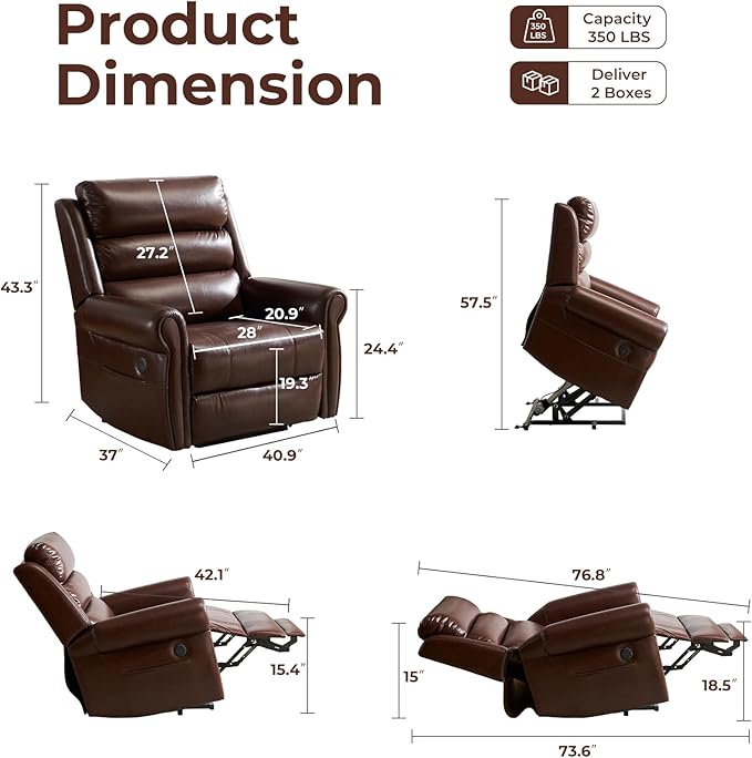 Power Lift Recliner Chair for Elderly with Adjustable Headrest, Oversized Lay Flat Recliner with Massage and Heat,28" Extra Wide Lift Chair for Big and Tall, Infinite Position,Extended Footrest, Brown