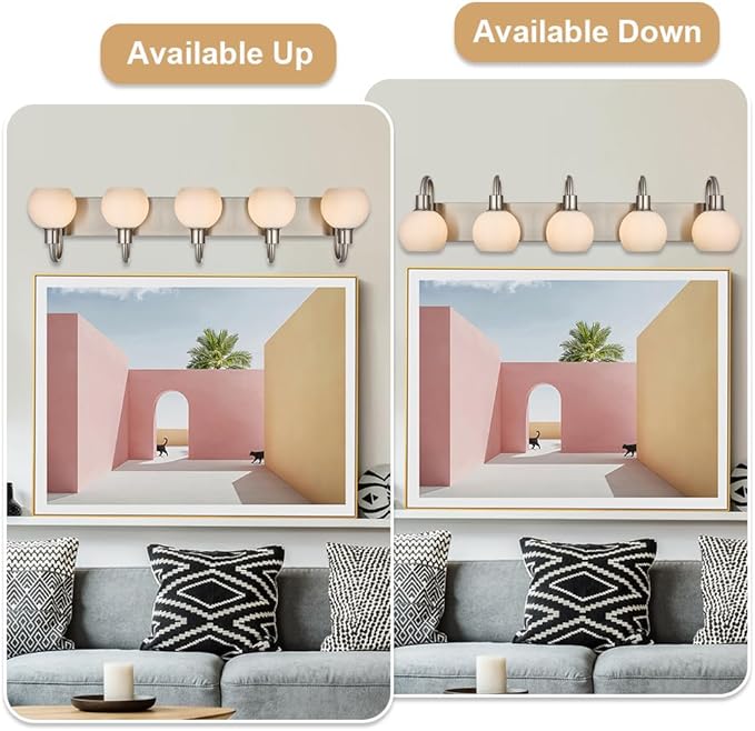 37 Inch Bathroom Light Fixtures, 5-Lights Modern Brushed Nickel Vanity Lighting with Milk White Globe Glass Shade, Bath Wall Mount Sconces for Over Mirror Kitchen