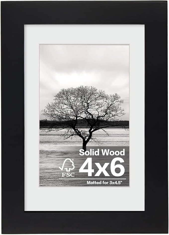 Egofine 4x6 Picture Frame Made of Solid Wood with Plexiglass, Display Pictures 3.5x5 with Mat or 4x6 Without Mat for Tabletop and Wall Mounting, Black