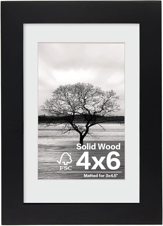 Egofine 4x6 Picture Frame Made of Solid Wood with Plexiglass, Display Pictures 3.5x5 with Mat or 4x6 Without Mat for Tabletop and Wall Mounting, Black