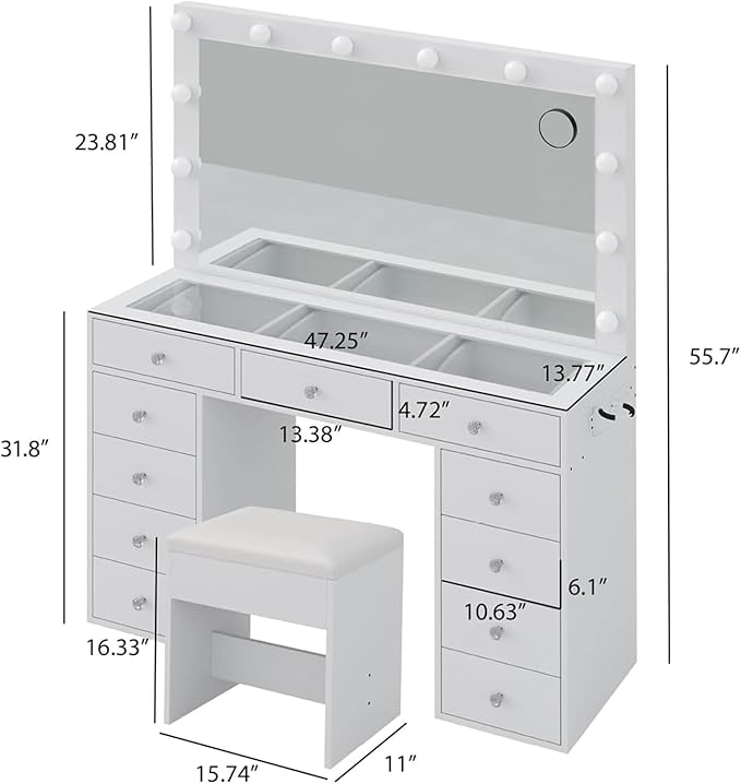 Vanity Desk with Mirror, Makeup Table with Power Outlet and 11 Lights, Set 3 Lighting Modes Brightness Adjustable, Vanity Table with 11 Drawers and Cushioned Stool for Bedroom, Dressing Room (White)
