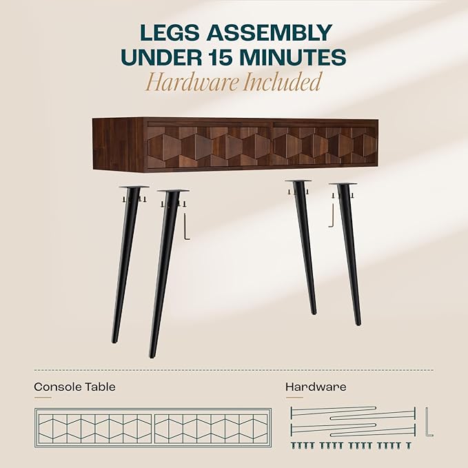 Bme Console Modern Mid-Century 2 Drawers, Unique Geometric Design Sofa Table for Entryway, Hallway, Living Room, Walnut