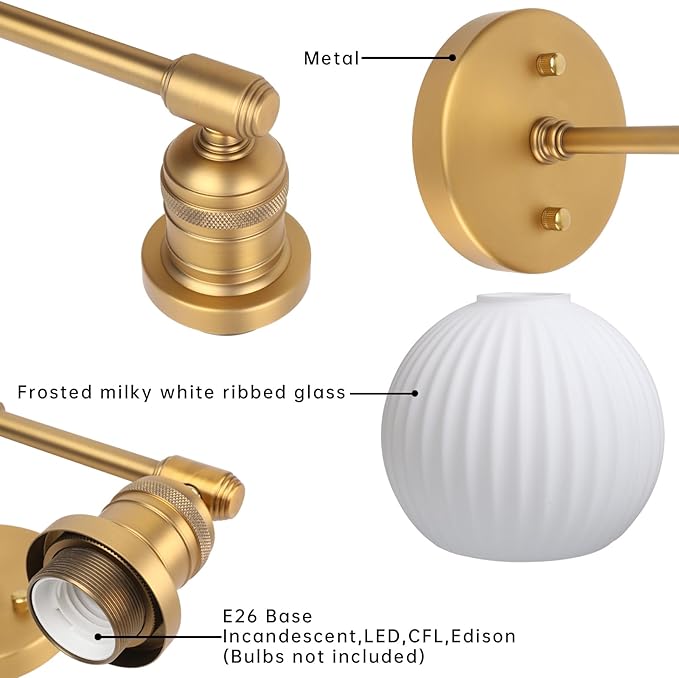 Vintage 2-Lights Wall Sconce with Milk White Glass Globe Shade, Hardwired Indoor Wall Light Fixture for Bathroom Vanity Living Room Bedroom