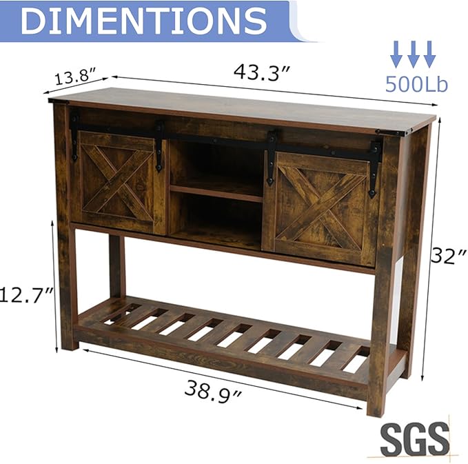 Farmhouse Entryway Table, 46" Hallway Table with Sliding Barn Doors, Rustic Sofa Table, Wood Console Table with Storage Shelf for Living Room, Entryway, Foyer (Brown)