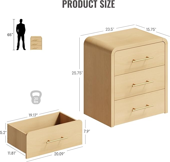 Curved 3-Drawer Nightstand Dresser, 23.6'' Wide Modern Wood Bedside Tables with Long Metal Handles, Large Storage End Tables for Bedroom, Office, Natural Oak
