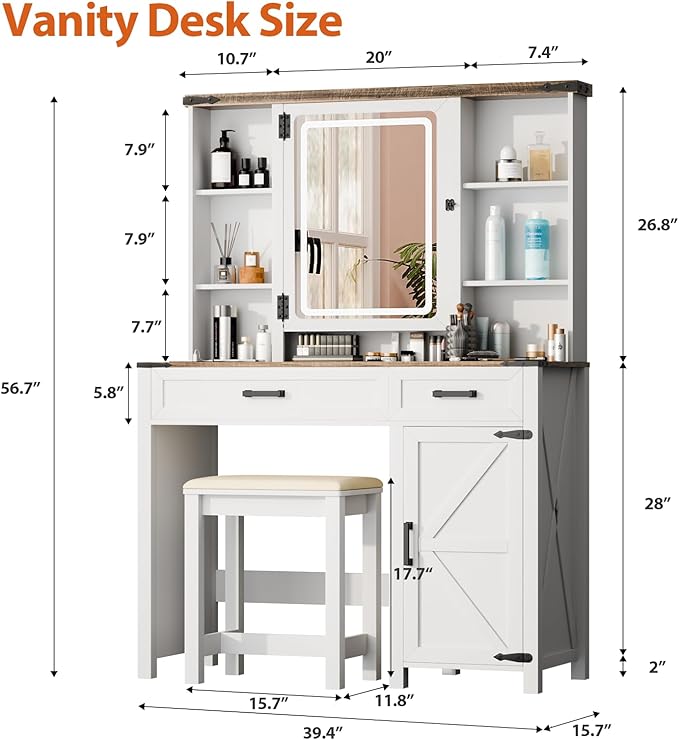 Makeup Vanity, Farmhouse Vanity with Mirror & Generous Clear Glass Countertop, 40'' Intelligent Makeup Desk with Multi-Functional Charging Station & Human Body Sensing LED Lights, White