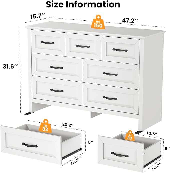 Amada Farmhouse 7 Drawer Dresser for Bedroom, 47.2 Inch Wide Wood Dresser with Natural Texture, Large Drawers, Rustic Farmhouse Chest of Drawers for Bedroom, Living Room, Hallway, White