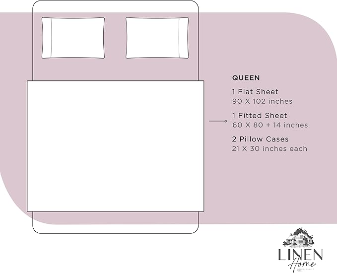 Linen Home 100% Cotton Percale Sheets Queen Size,Mauve Lavender, Deep Pocket, 4 Pieces Set - 1 Flat, 1 Deep Pocket Fitted Sheet and 2 Pillowcases, Crisp Cool and Strong Bed Linen