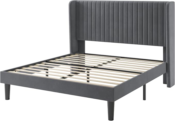 SHA CERLIN Queen Size Velvet Bed Frame with Vertical Channel Tufted Wingback Headboard, Upholstered Platform Bed with Wood Slats, No Box Spring Needed, Easy Assembly, Grey