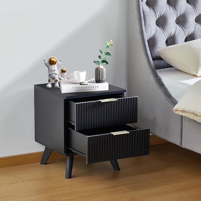 Fluted 2 Drawer Small Dresser for Bedroom, Mid Century Modern Nightstand with Drawers, Low Bedside Table with Drawers, End Table Short Storage, Living Room, Dorm -Black