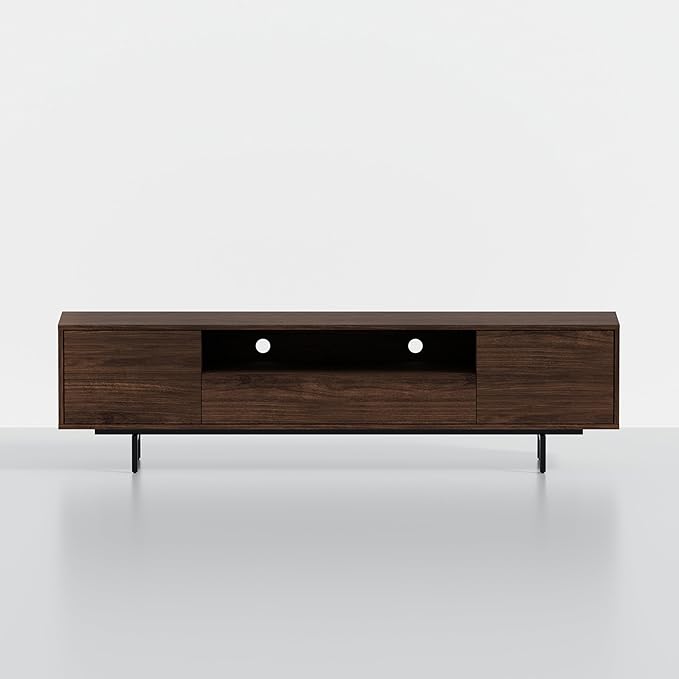 Norrhaus 75-Inch Modern TV Stand – Walnut Finish, 20-Inch Height, No Tools Assembly Technology, Storage Cabinets with Center Channel Speaker Shelf, Mid-Century Modern Design