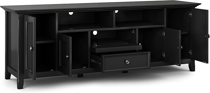 SIMPLIHOME Amherst 72-inch Wide Solid Wood TV Stand in Black, Transitional-Style Media Console for Living Room with Cable Management and Adjustable Shelves, Fits 80" TVs