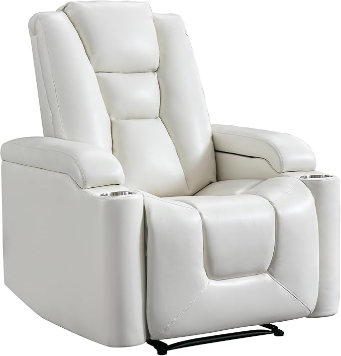 ANJ White Power Recliner Chair Electric Home Theater Seating Soft Leather Movie Chair for Living Room Overstuffed Single Reclining Sofa with Hidden Arm Storage, Cup Holders and USB Ports (Cream White)