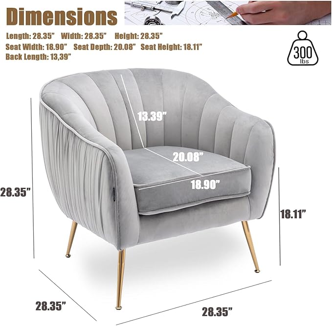 Velvet Accent Chair, Modern Barrel Chair, Living Room Bedroom Arm Chairs, Golden Finished, Grey