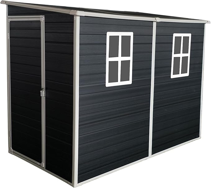 4x8 FT Outdoor Storage Resin Shed with Floor, Waterproof Plastic Garden Tool Shed with Windows, Vents & Lockable Door and Sloped Roof, Easy to Assemble Bike Shed for Patio, Backyard, Lawn, Black
