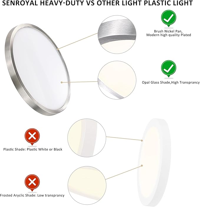 14 Inch Flush Mount LED Ceiling Light Fixture, Slim Dimmable Flush Mount Light for Kitchen, Metal and Glass Modern Ceiling Light for Low Ceiling, Bedroom, Laundry, Brushed Nickel, 26W, 3000K, 2 Pack