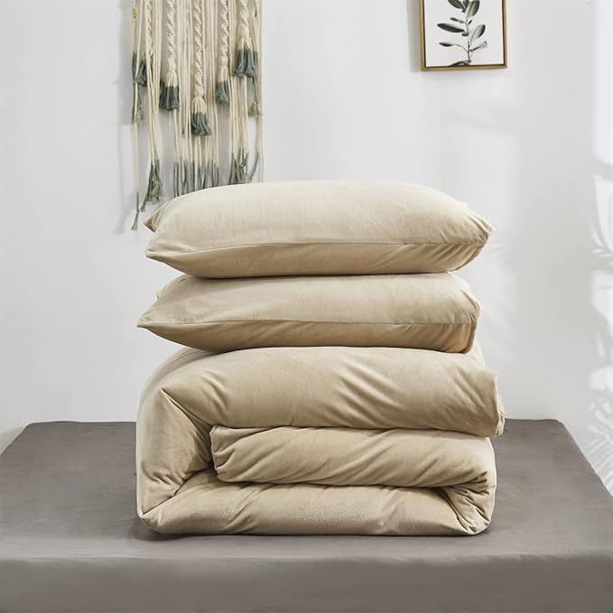 Luxlovery Cream Coffee Velvet Comforter Set Full Light Khaki Flannel Bedding Comforter Set Minimalist Bedding Set Heavyweight Blanket Quilts Modern Breathable Taupe Color Winter Comforter Set