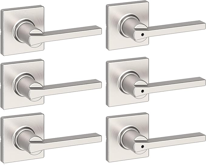 Kwikset Casey Hallway Passage and Bed/Bath Privacy Door Handle 6 Pack, 3 Passage Levers and 3 Privacy Levers, Satin Nickel Reversible Interior Handles with Microban Protection